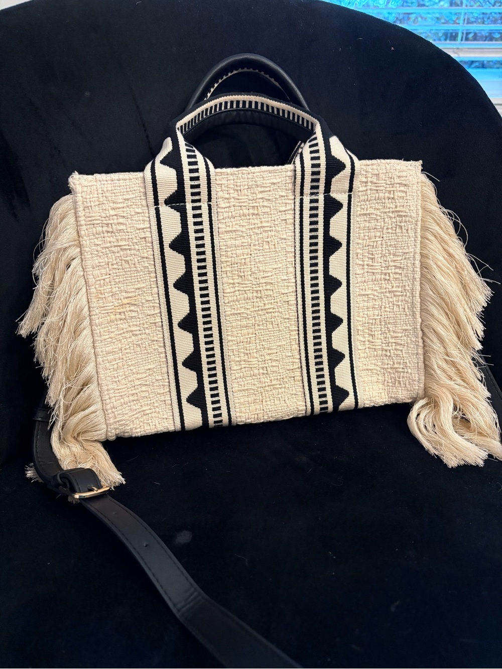 H&M Cream Woven Fringe Tote with Black Trim